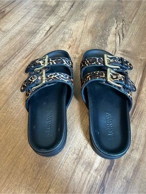 J. Crew Black Slides with Leopard Print Straps and Gold Buckles